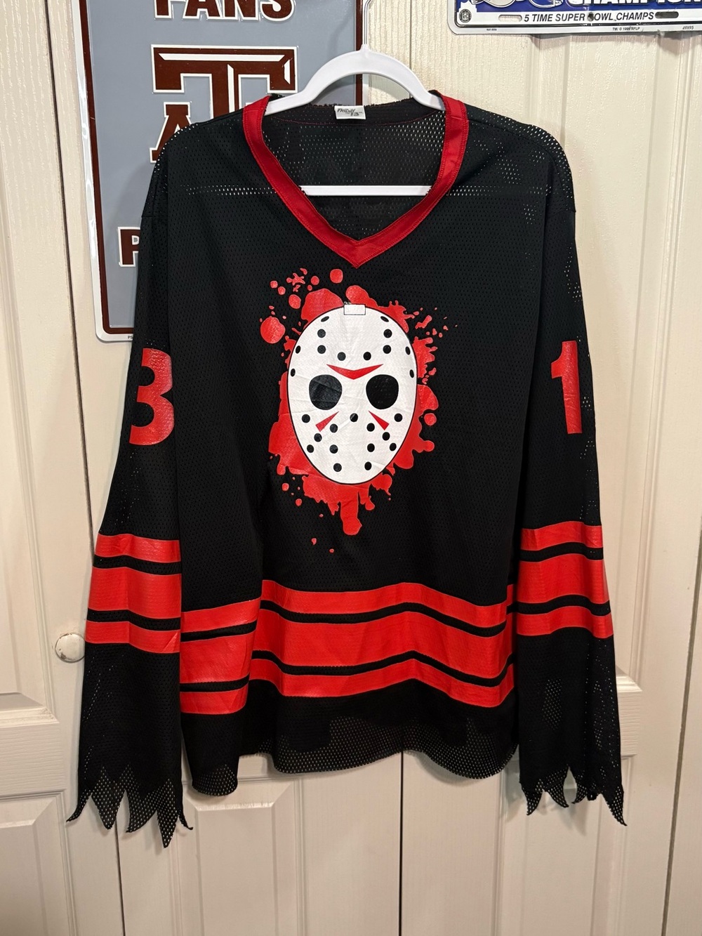 Black & Red Men's Hockey-Style Jersey with Mask Graphic